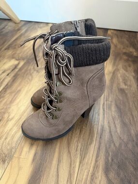 Taupe Lace-Up Heeled Ankle Boots